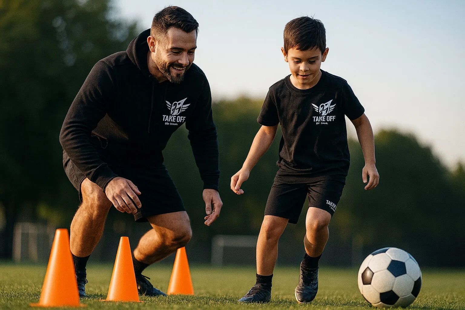 Vater trainiert mit Kind – Kids & Family Fußballtraining bei TakeOff by Aircan